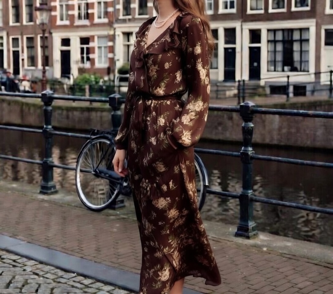 Deep espresso brown outfit blending into Amsterdam’s canal house doorways