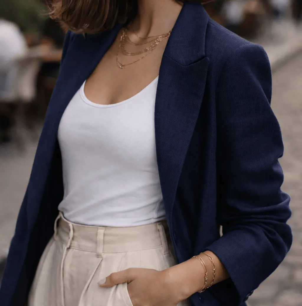 Stand out navy outfit against creamy Parisian stone