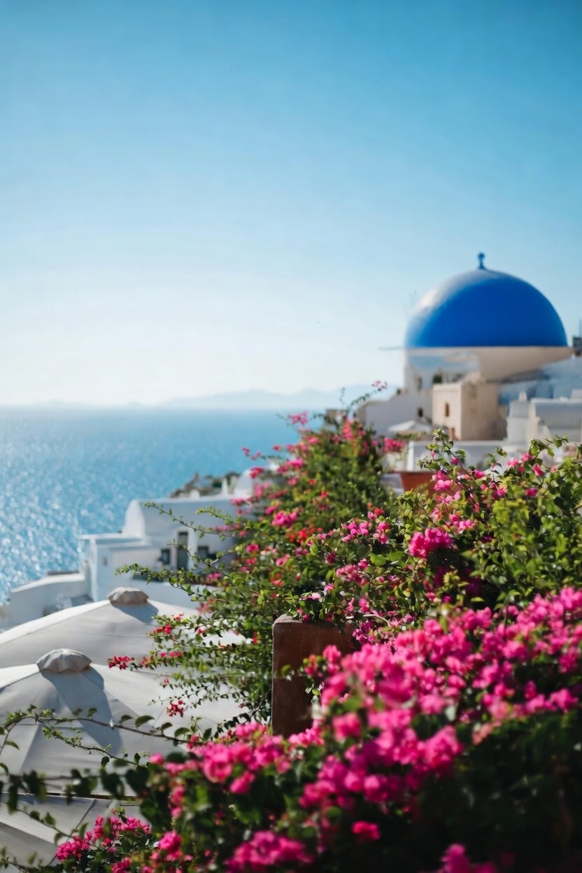 The iconic whitewashed buildings of Oia with a blue-domed church overlooking the deep blue Aegean sea.